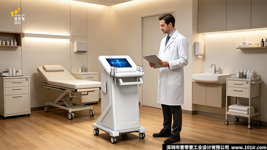 低强度脉冲超声治疗仪,医疗设备工业设计,超声治疗仪外观设计,立式超声治疗仪结构设计,壹零壹工业设计,康复医疗设备设计,医用设备人机工程设计