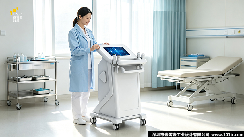 低强度脉冲超声治疗仪,医疗设备工业设计,超声治疗仪外观设计,立式超声治疗仪结构设计,壹零壹工业设计,康复医疗设备设计,医用设备人机工程设计