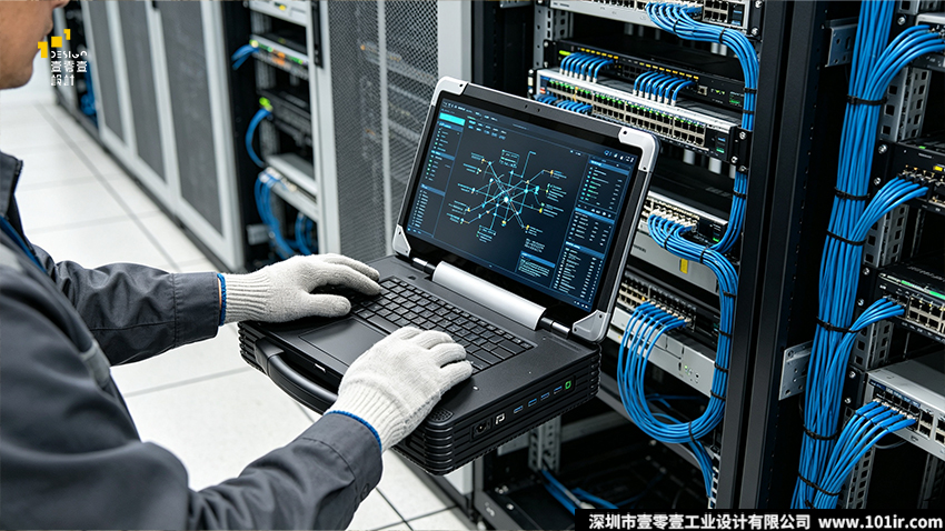 工程笔记本电脑,加固笔记本,三防笔记本结构设计,工业设备设计,壹零壹工业设计,镁铝合金加固机身,IP65防护笔记本,MIL-STD-810H标准