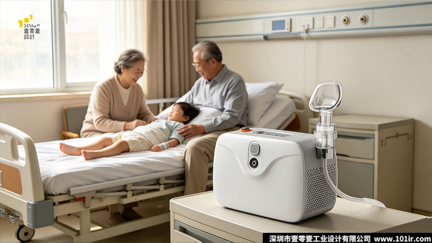 压缩式雾化器,家用雾化器,医疗器械工业设计,雾化器外观设计,雾化器结构设计,静音雾化器,家用医疗器械设计,壹零壹工业设计