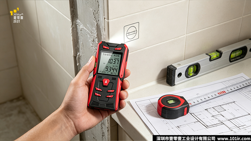 手持水平测距仪设计,水平测距仪结构设计,工业测量仪器外观设计,二次注塑包胶工艺,人机工程学测距仪,专业测距仪CMF设计,工业级防护设计,壹零壹工业设计案例