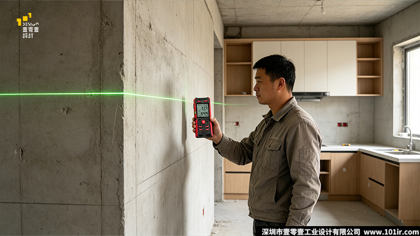 手持水平测距仪设计,水平测距仪结构设计,工业测量仪器外观设计,二次注塑包胶工艺,人机工程学测距仪,专业测距仪CMF设计,工业级防护设计,壹零壹工业设计案例