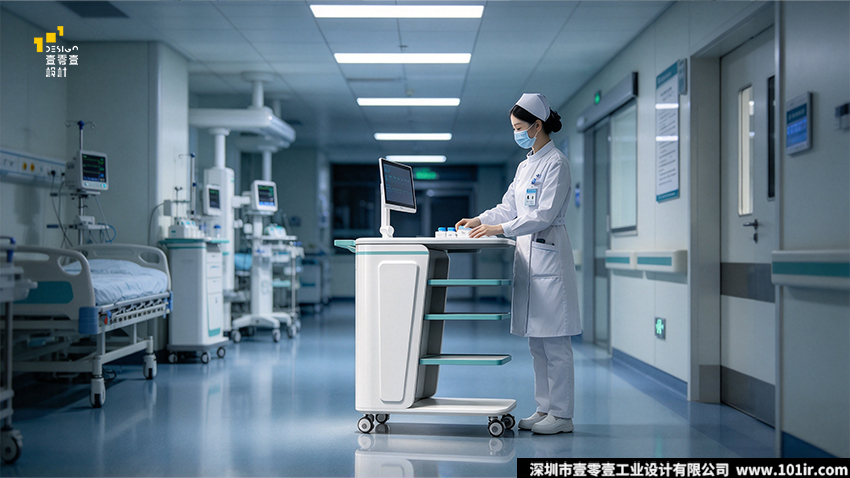 医用护理推车,医用护理推车设计,医疗推车设计,壹零壹工业设计,医用护理推车外观设计,医用护理推车结构设计,院感级医用推车,医疗推车人机工程设计,移动护理工作站