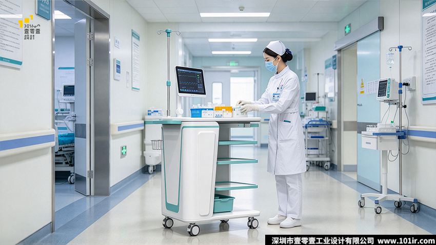 医用护理推车,医用护理推车设计,医疗推车设计,壹零壹工业设计,医用护理推车外观设计,医用护理推车结构设计,院感级医用推车,医疗推车人机工程设计,移动护理工作站