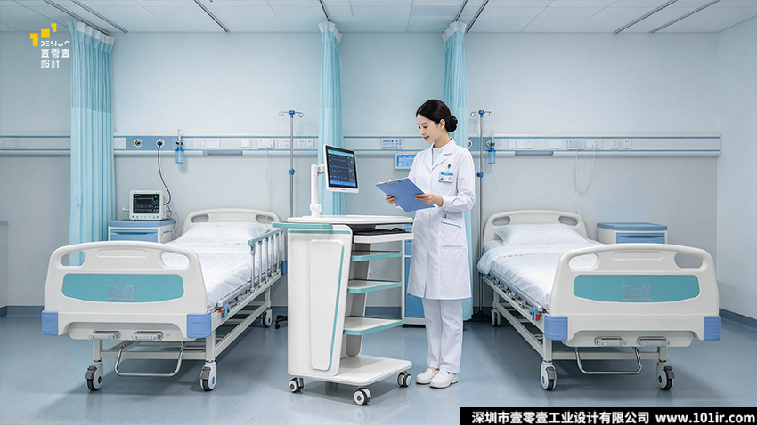 医用护理推车,医用护理推车设计,医疗推车设计,壹零壹工业设计,医用护理推车外观设计,医用护理推车结构设计,院感级医用推车,医疗推车人机工程设计,移动护理工作站